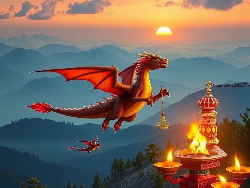 Darjeeling Dragons game screenshot showing a dragon flying over Himalayan mountains